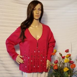Hot Pink Bejeweled Long Sleeved Sweater - …